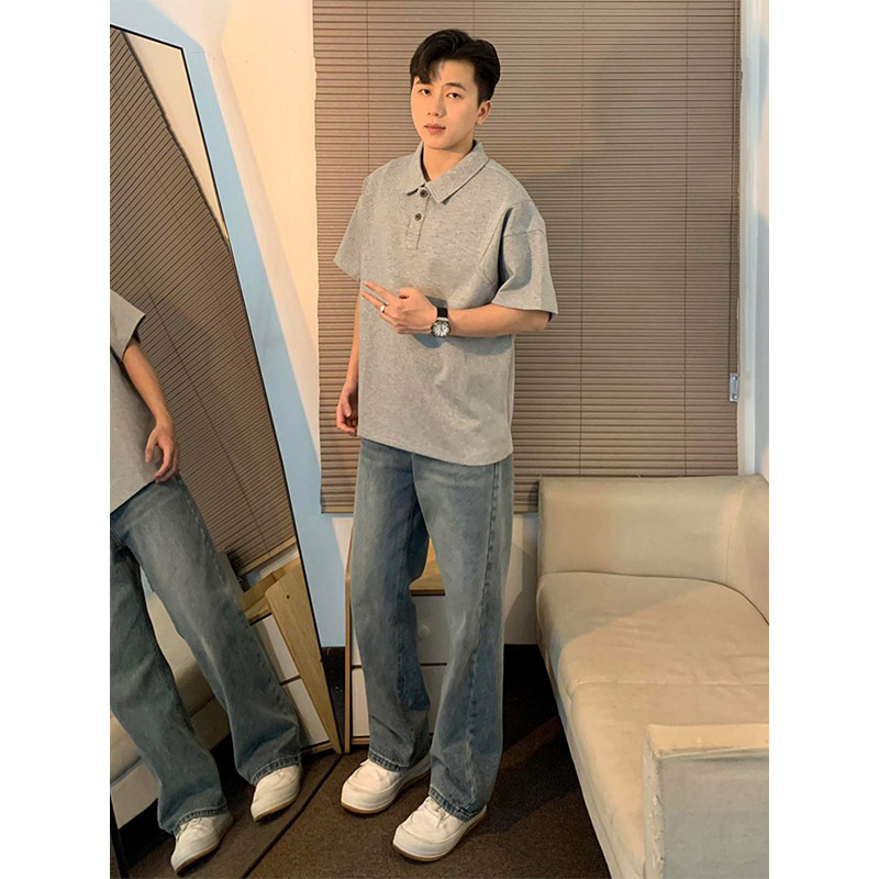 High-End Gray Short-Sleeved Polo Shirt Men's Shirt Collar T-Shirt Heavyweight Summer American-Style Five-Quarter Sleeve T-Shirt Top