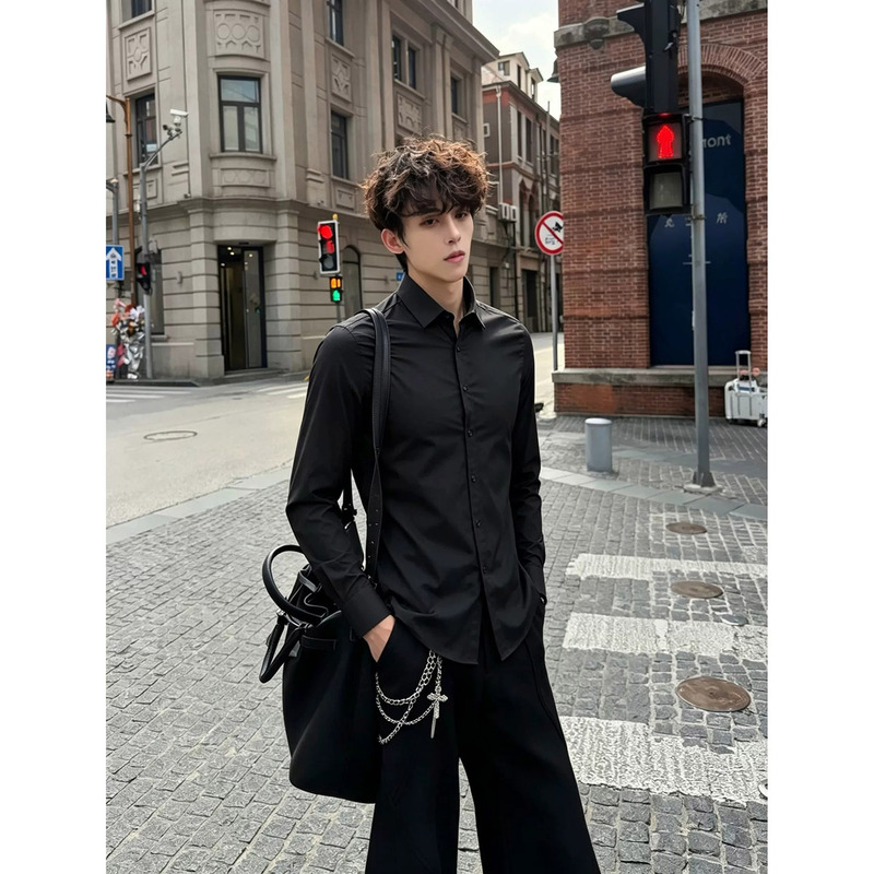 High-End Light Luxury Black Regular Shoulder Slim-Fit Long-Sleeve Shirt for Men, Slimming, Wrinkle-Free Cleanfit Casual Shirt