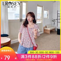 Large size womens clothing 2021 summer new square collar fat MM sweet chiffon thin meat-covered floral shirt top