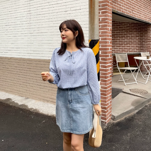 Осенняя свежая рубашка с бантиком, подходит для полных девушек, большой размер, в западном стиле