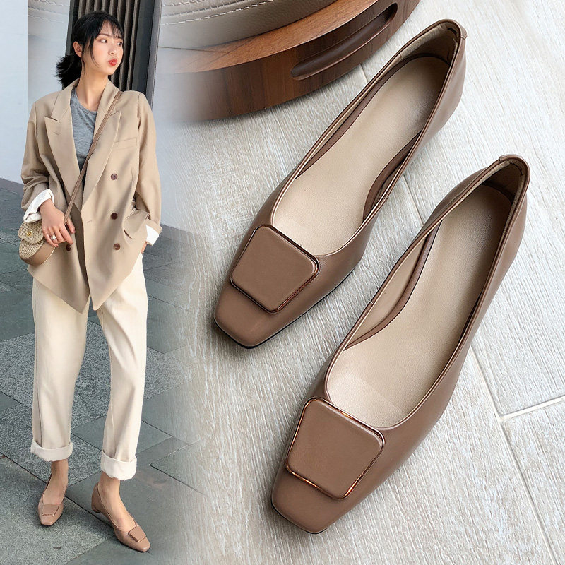 GANAIER super comfortable upper foot ~ square head low heel thick heel shallow mouth leather soft leather single shoes women's temperament medium heel