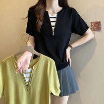 Maternity top loose short 150cm short T-shirt large size sweater summer thin fake two-piece T-shirt