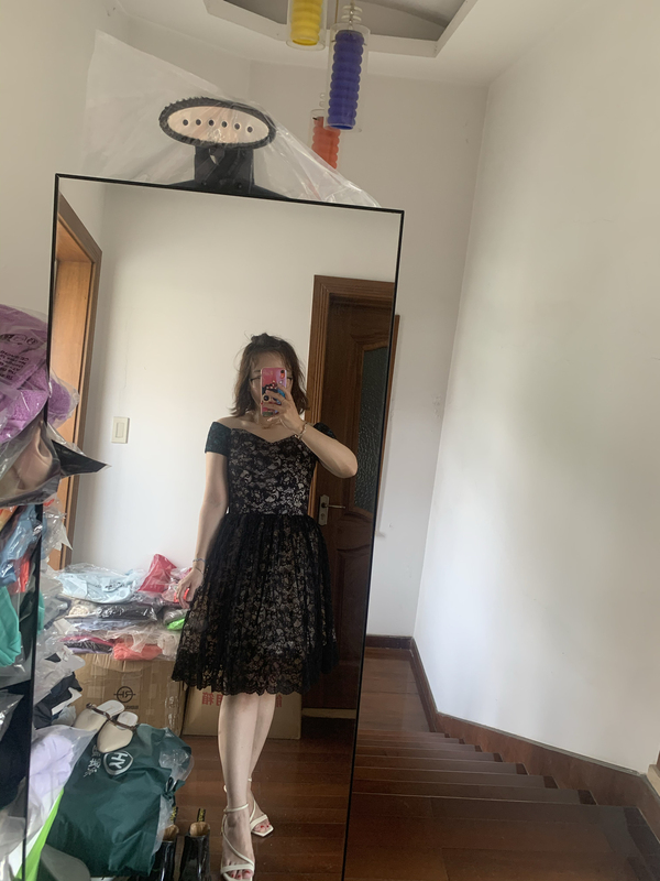 Special Export Single American A+O Black Soft Lace One-Shoulder Short-Sleeved Slim-Fitting Fishbone Puffy Dress