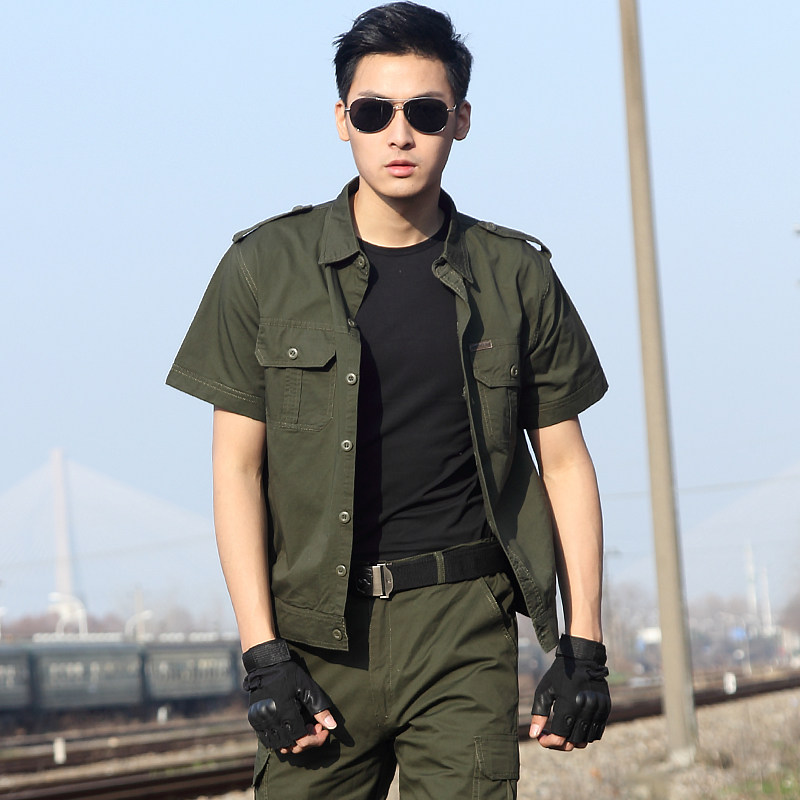 Spring and summer short-sleeved army green camouflage suit suit for men and women labor work training tooling wear-resistant pure cotton thin section