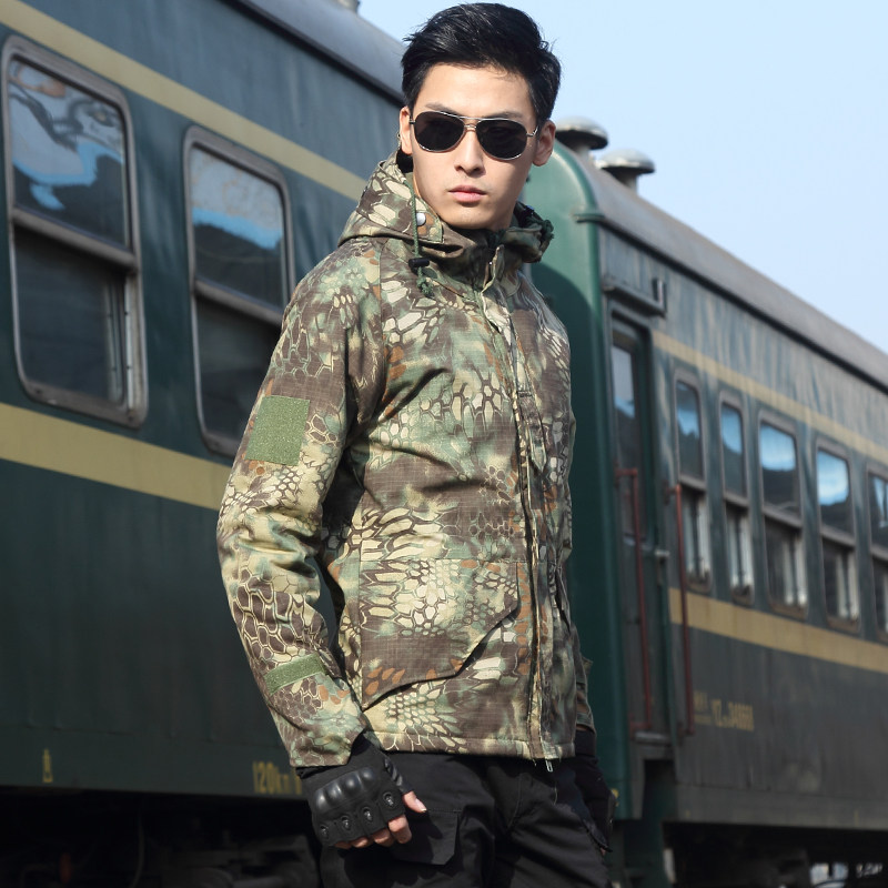 Autumn winter plus suede thickened waterproof outdoor black python camouflate suit men's special tactical clothes jacket warm