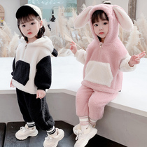 Girl Glint Suit Autumn Winter Children Winter Clothing 2021 New Baby Thickened hair sweater Two sets of children Ocean Gas