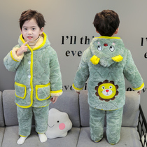 Childrens pyjamas winter thickened with three layers of clip cotton baby Home Clothing Winter Boy Flannel Suit Boy Cartoon