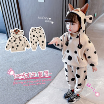 Girl Gushed Clothing Suit Autumn Winter Children Winter Clothing 2021 New Baby Thickened two sets of children Ocean air tide