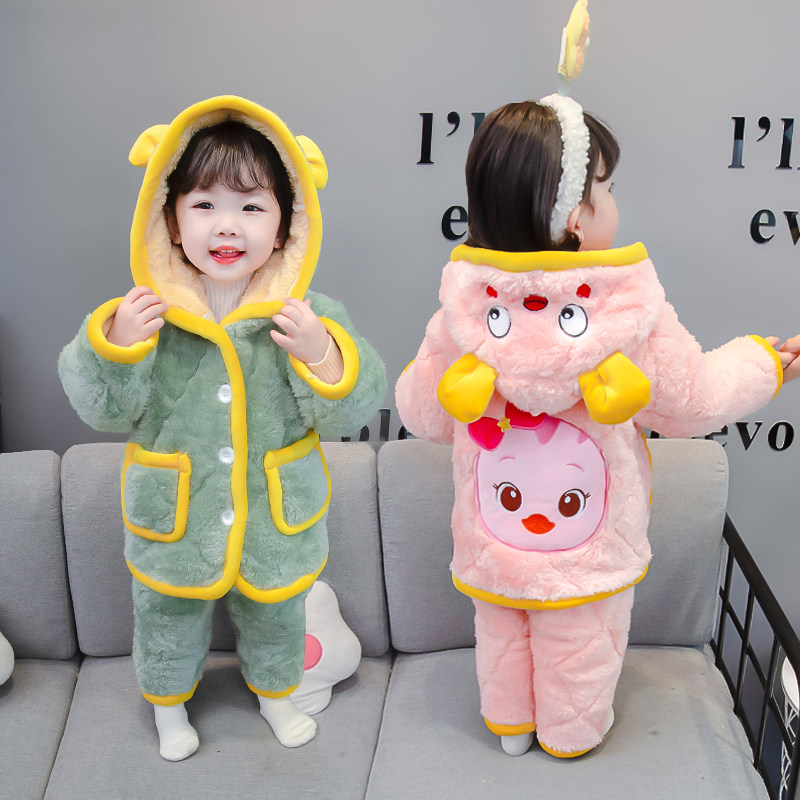 Girl Pyjamas Winter Thickening Three Layers Clip Cotton Children's Home Conserved Winter Plus Suede Baby Flannel Suede Suit Cartoon