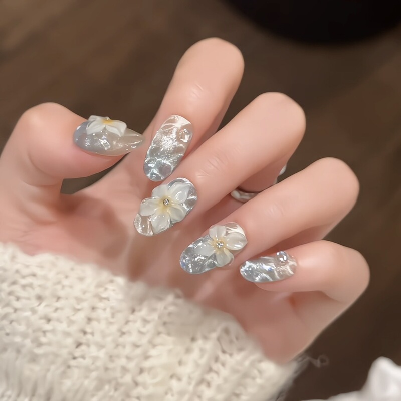 [Sea of Flowers] Purely Handmade Wearable Nails, Sea Blue Water Ripple, Hand-Crafted 3D Ice Flower, Summer High-End Nail Art