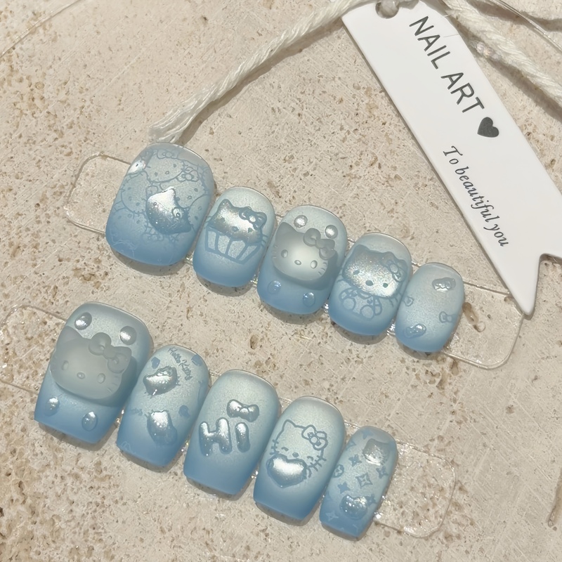 【Mist Blue Kitty】Handmade Wearable Nails Blue Gradient Cute Frosted Cat Eye Summer Manicure