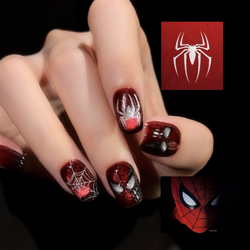 [Spider-Man] Handmade Wearable Nails Red and Black Cat Eye Spider-Man Luminous Anime Nail Art 2026 New Style