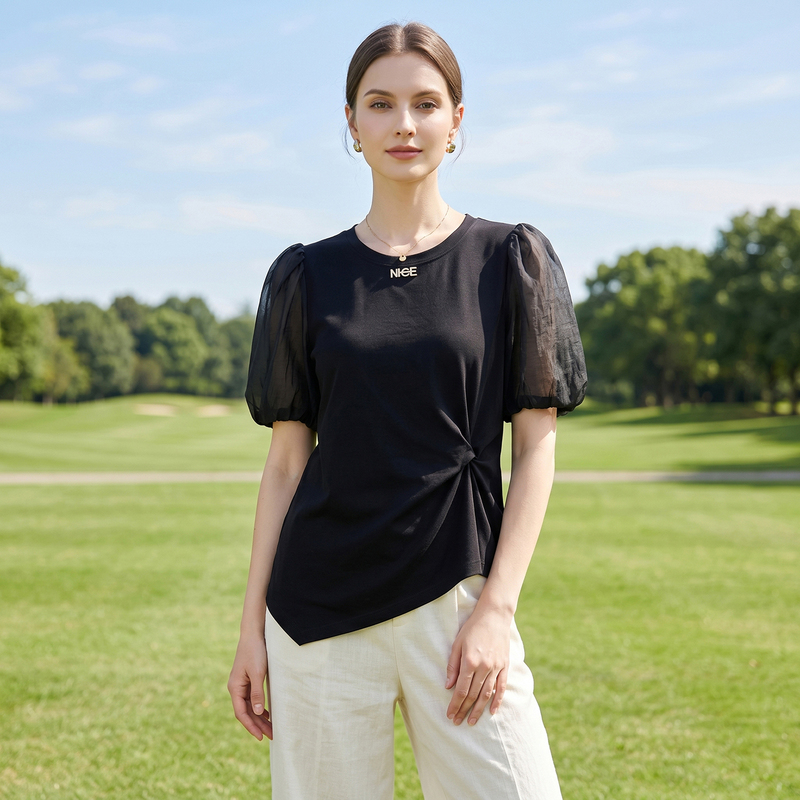 【Fragrant】Twisted Design Cuffs, Elastic Irregular Hem T-Shirt, Fangcaofenfei Brand Discount 26 Summer Women's Clothing 【Fragrant】Twisted Design Cuffs, Elastic Irregular Hem T-Shirt, Fangcaofenfei Brand Discount 26 Summer Women's Clothing