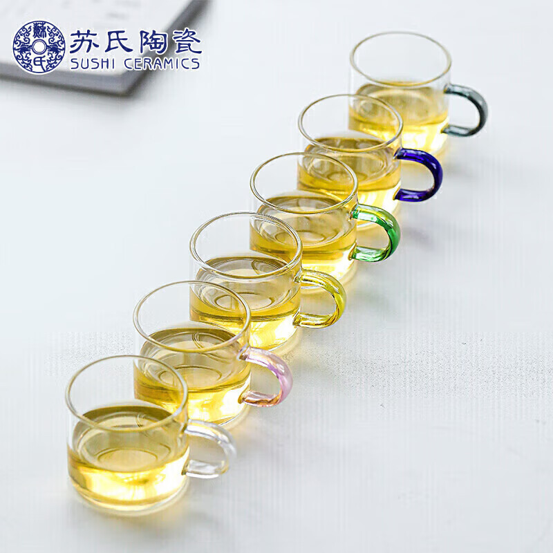 Sushi Ceramics High Borosilicate Glass Small Tea Cups, Set of 6 Colors, Heat-Resistant Glass Water Cups