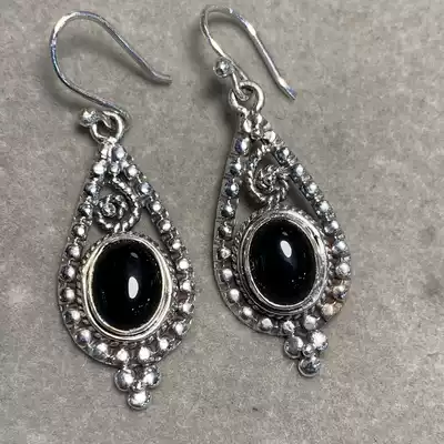 (soloni jewelry silver jewelry) Nepal handmade inlaid natural 925 silver black agate earrings