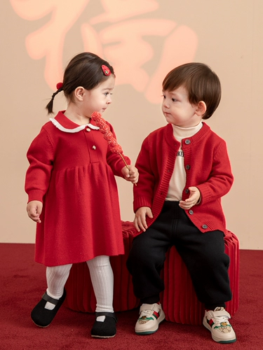 Детский красный трикотажный свитер для мальчиков, пуховик, платье, наряд на выход