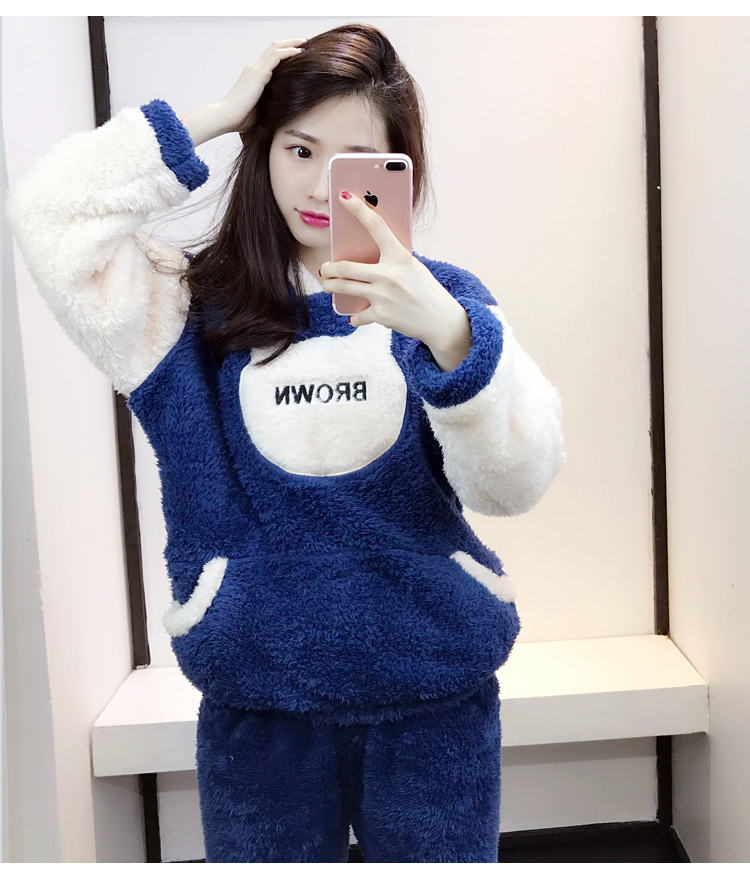 Mùa thu và mùa đông trùm đầu đồ ngủ nữ mùa đông san hô nhung dễ thương phim hoạt hình phiên bản Hàn Quốc của bộ đồ dịch vụ nhà dày sang trọng bộ đồ mặc nhà