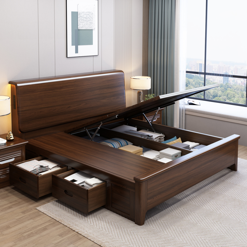 Solid Wood Storage Bed with Socket, 1.5m Double Beds, New Chinese-Style Walnut Wood Home Bedroom Air-Pressure Drawer Box Bed Solid Wood Storage Bed with Socket, 1.5m Double Beds, New Chinese-Style Walnut Wood Home Bedroom Air-Pressure Drawer Box Bed