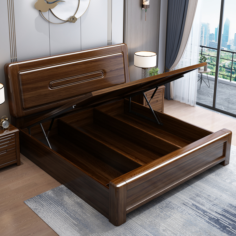 Walnut Solid Wood Bed with High Storage Box, Modern Simple New Chinese Style, Fully Solid Wood Mortise and Tenon Structure, 1.5m Model for Home Use Walnut Solid Wood Bed with High Storage Box, Modern Simple New Chinese Style, Fully Solid Wood Mortise and Tenon Structure, 1.5m Model for Home Use