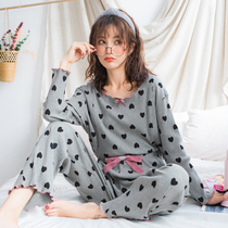 Yuezi clothing spring and autumn cotton postpartum feeding pregnant womens pajamas female pregnancy spring and summer thin nursing home clothing set