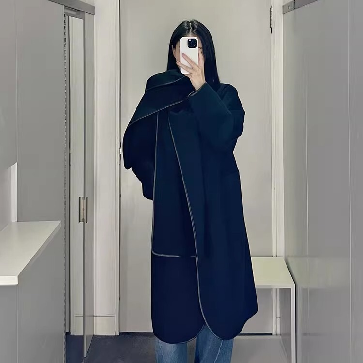 Minimalist Cosniu Style Black Casual Long Trench Coat with Leather Trim, Wool Blend Jacket, Scarf Coat