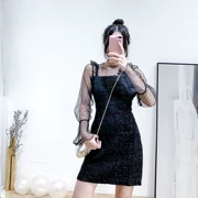 Lưới khâu dress 2018 mới mùa thu Hàn Quốc phiên bản của thời trang retro chic phần dài trumpet tay áo váy nữ triều