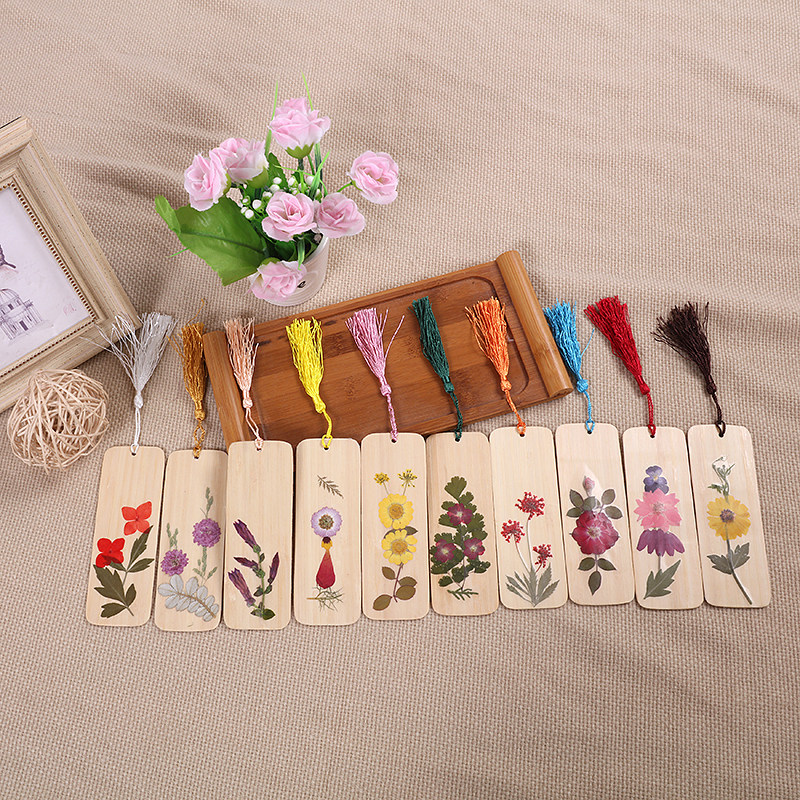 Natural Handmade Real Flowers Dry Flowers Bookmark Fashion Flowers Bamboo Gift Ideas Streaming Suwooden Bamboo Sheet Bookmark