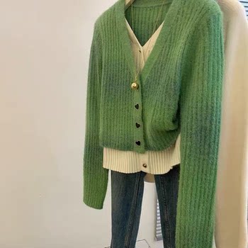 Green v-neck wool fake two-piece knitted cardigan for women autumn and winter 20254 new style high-end sweater jacket top winter