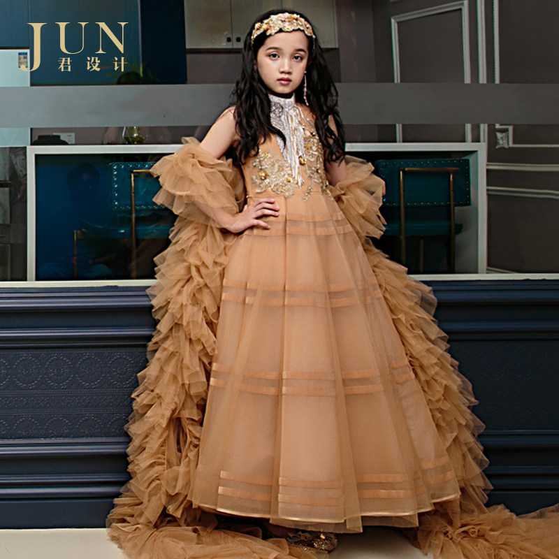 Monarch Design Girl Princess Skirt Flowers Child Fluffy Yarn Model Walking Show Children T Tai High-end Banquet Extravagant Evening Gown-Taobao