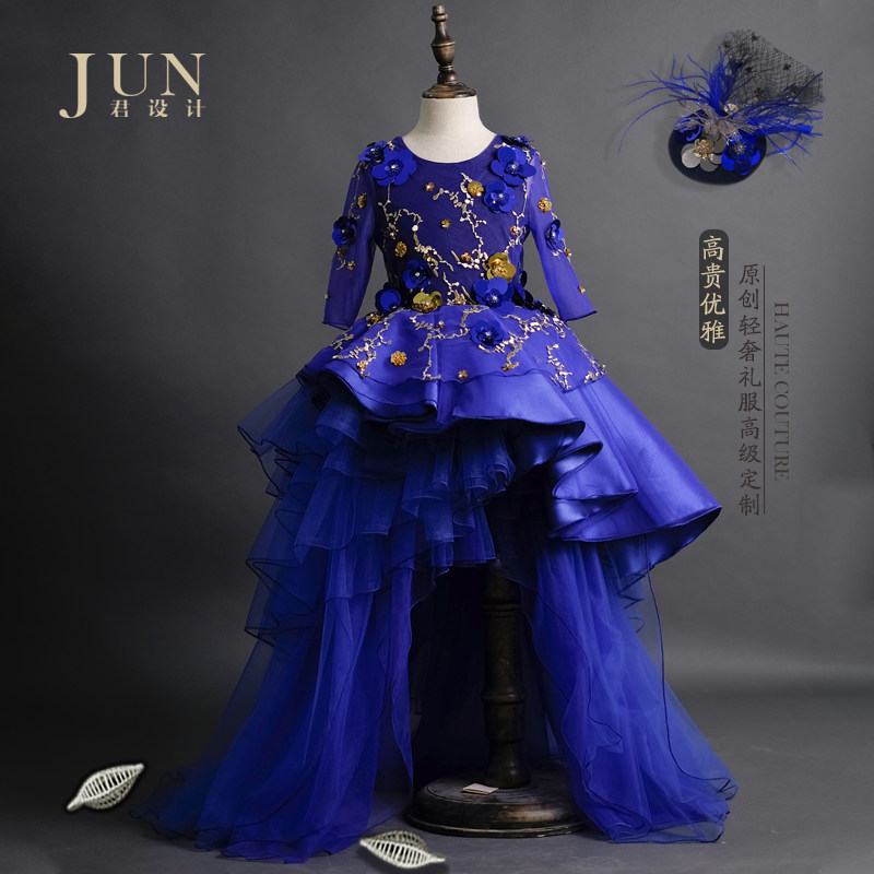 Jun Design Girls Evening Dress Sapphire Blue Noble Children's Catwalk Host Long Trailing Flower Princess Dress