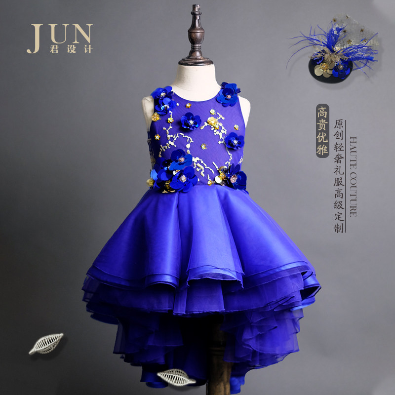 Jun design Blue princess dress girl high-grade fluffy veil little girl model catwalk tide dress performance evening dress