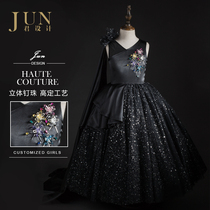 Jun design childrens evening dress girls catwalk high-end black puffy princess dress piano cello costume