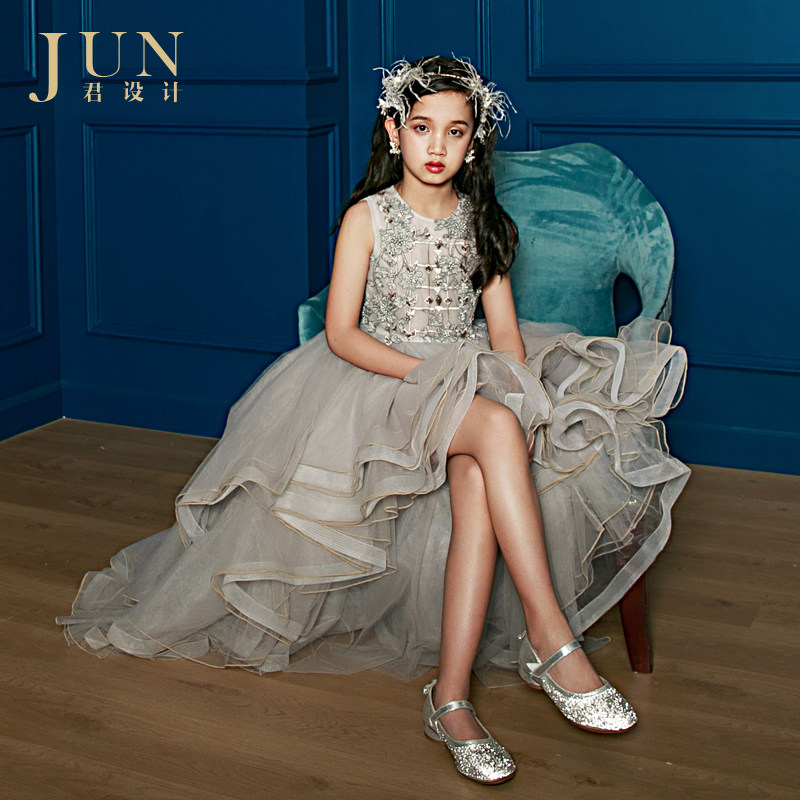 Jun design children's high-end dress small host catwalk evening dress fluffy gauze female big boy tail princess dress