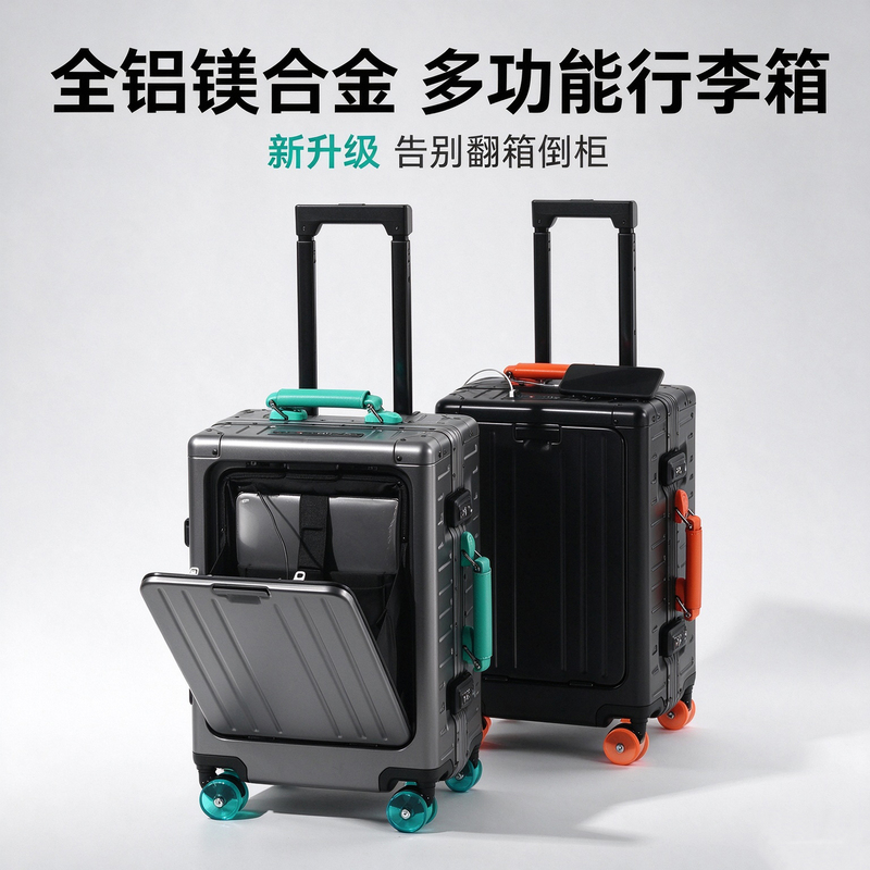 2026 New Side-Opening Suitcase 20inch Trolley Case with Front Opening, All-Aluminum Magnesium Alloy Travel Suitcase 24inch Front Opening