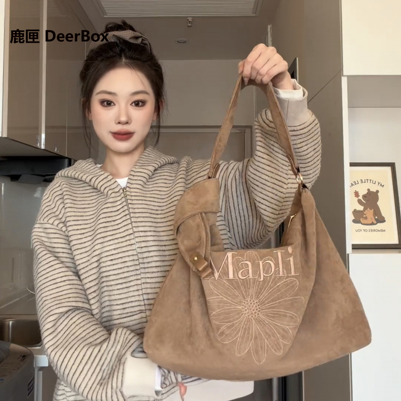 Deerbox Niche Textured Embroidered Tote Bag for Women 2026 New Large-Capacity Shoulder Crossbody Bag
