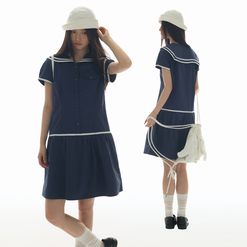 Yawhat Navy Blue Preppy Style Sailor Collar Short-Sleeved Dress Miu Style Retro Nautical Girl Style Shirt Dress