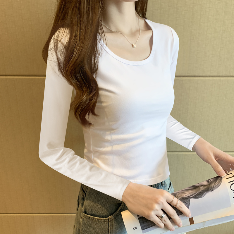 2026 New Spring and Autumn Long-Sleeved T-Shirt, Cotton Base Shirt for Women, Inner Wear for Autumn and Winter, Tight-Fitting Top, White, Early Autumn, Stylish