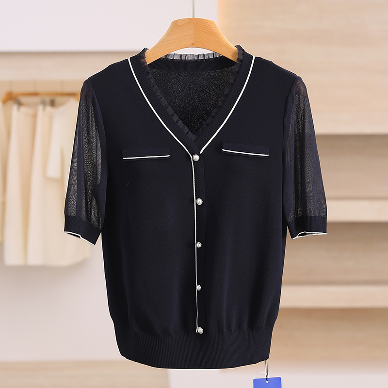 1990【Na】Pearl Decorated Button Fake Pocket Patchwork Sweater 26 Summer Fashionable Same Style Women's Clothing from the Boutique