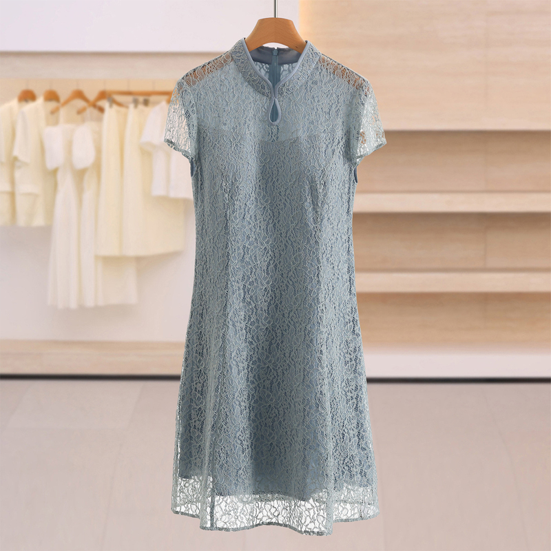 Store Price 2180【Card】Ladylike Style Sheer Stand-Collar Hip-Covering Dress 26 Summer Chui Shi Shang Brand Discount Women's Clothing