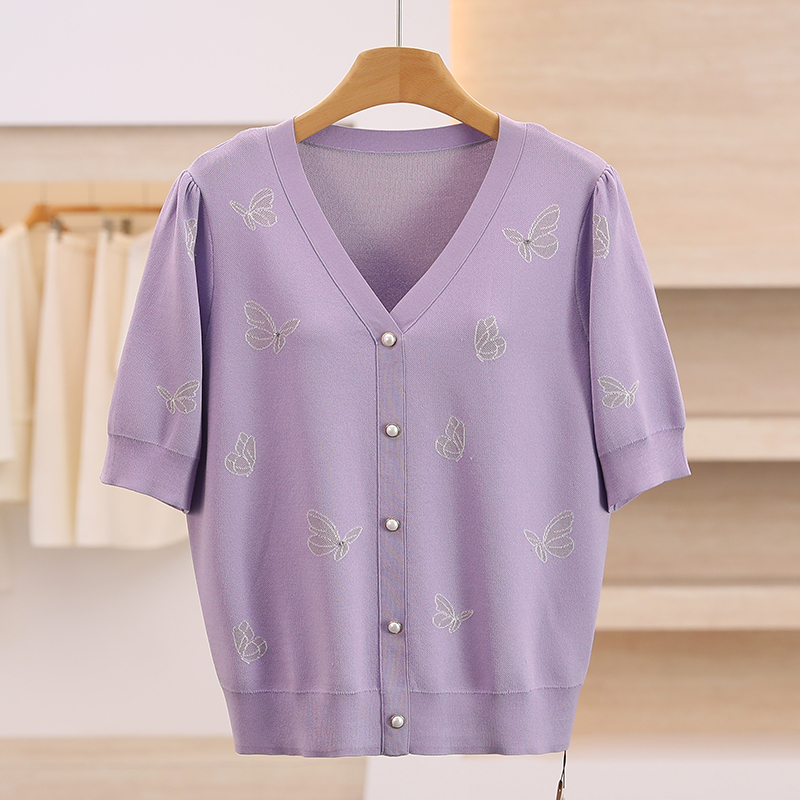 1887【Ko】Butterfly Jacquard V-Neck Pullover Knitted Sweater 26 Summer Fashionable Women's Brand from Mall