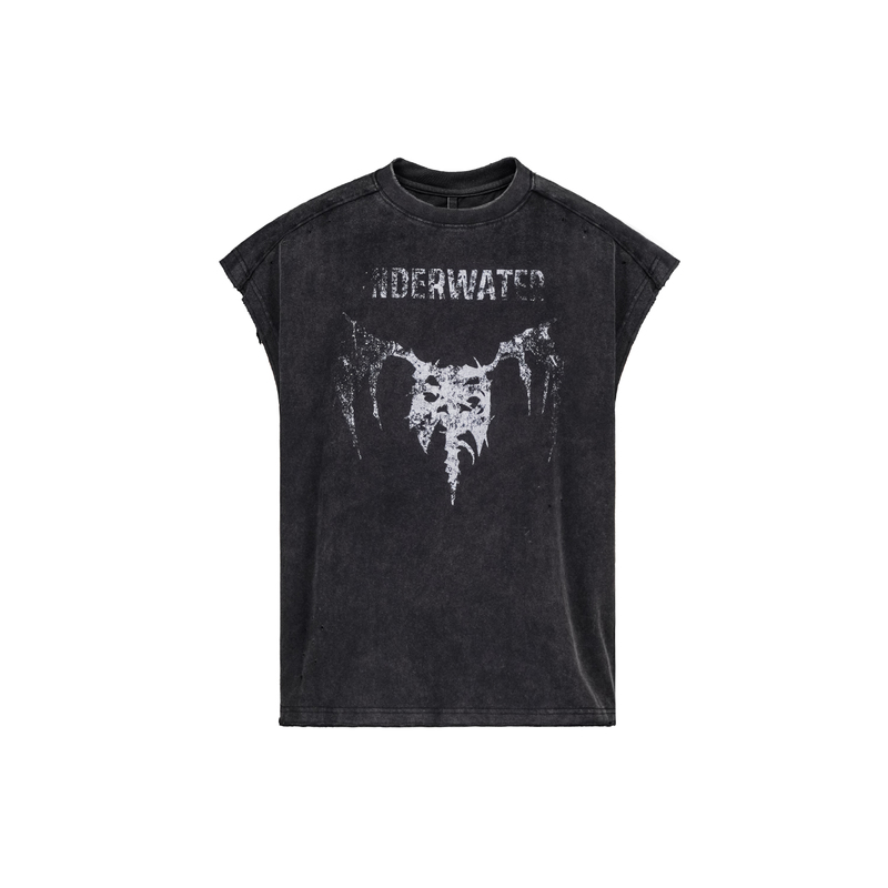 Underwater S1 Hellbound Wing Sand-Washed Distressed Demon Bone Print Deconstructed Sleeveless Vest