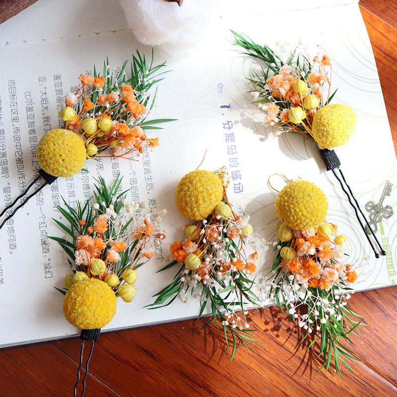 Sen Ensemble Natural Evergreen Flower Hair Hairpin Dry Floral Headwear Bride Hair Accessories Write True Holiday Wedding Earrings Beach Ear Clip