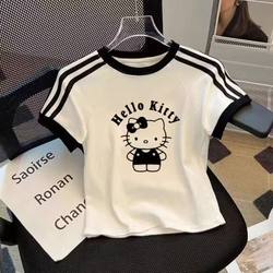 Hello Kitty Girls' Pure Cotton Short-Sleeve T-Shirt, New Summer Style, Versatile Cartoon Girl's Three-Stripe Top, Trendy T-Shirt