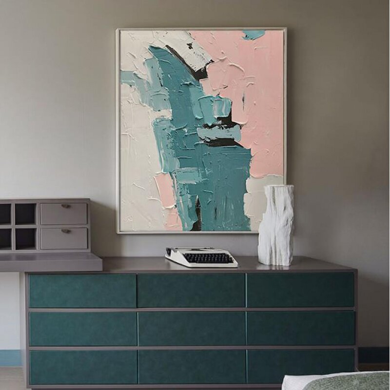 Pure hand-painted abstract color block oil painting Nordic light luxury minimalist style modern living room background wall Morandi decorative painting