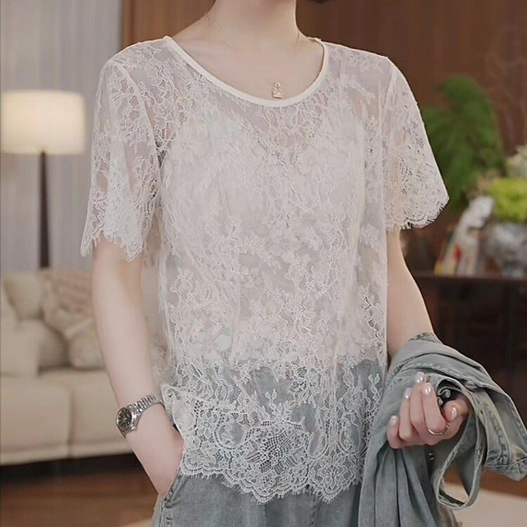 European-Style Fashionable Layered Round-Neck Lace Short-Sleeve Top 2026 Summer New Loose Niche Trendy Slimming T-Shirt European-Style Fashionable Layered Round-Neck Lace Short-Sleeve Top 2026 Summer New Loose Niche Trendy Slimming T-Shirt