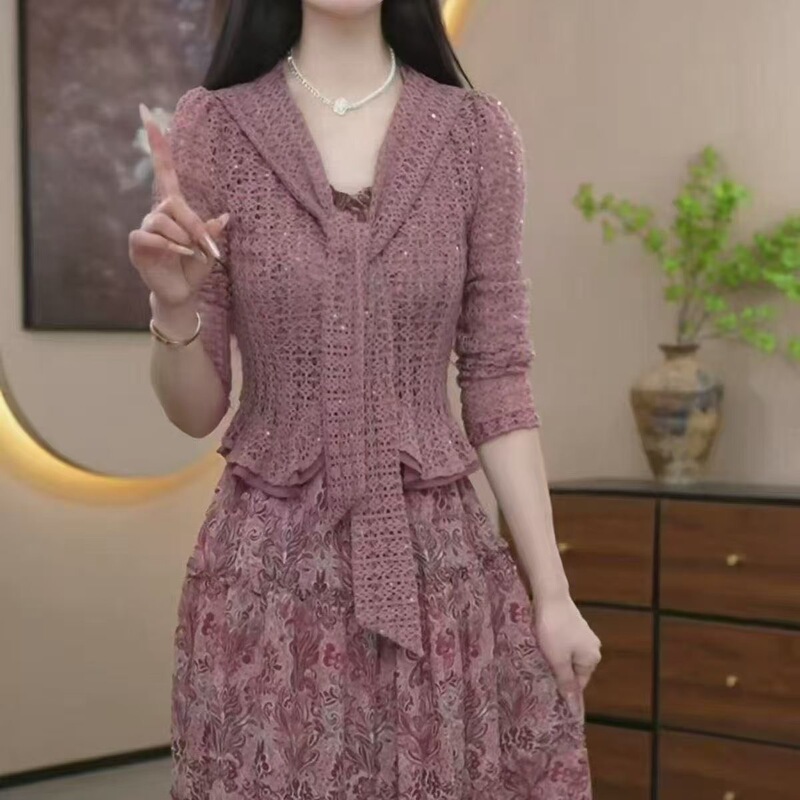 High-End Fine-Woven Elegant Two-Piece Suit Dress 2026 Spring and Summer New Style Belly-Covering Fashionable Floral Dress