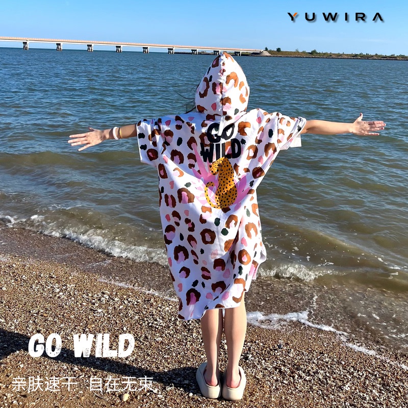 Yuwira Leopard Print Adult Hooded Quick-Drying Bathrobe | Large Size Swimming Quick-Drying Poncho | Outdoor Beach Towel for Women