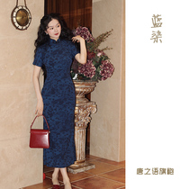 2023 Spring Summers new retro art flat shoulder Snow-spinning long style Daily can wear a cheongsam female blue dye