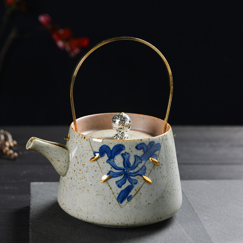 Blue and white teapot rough pottery beam pot ceramic teapot household kettle retro Japanese teapot Pu'er teapot