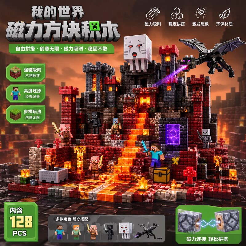 Authentic Minecraft Magnetic Block Building Blocks, a Full Set of 3D Magnetic Toys, Gifts for Boys and Girls